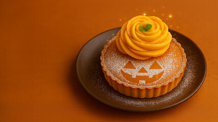 ハロウィンかぼちゃタルト｜ジャックオランタン風スイーツ/Halloween Pumpkin Tart｜Jack-o’-Lantern Inspired Dessert Generative AI