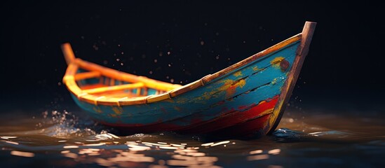 a weathered, colorful fishing boat floating on rippling, reflective water at night, dramatic lighting, moody, cinematic, digital art
