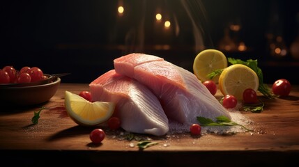 raw chicken, raw meat, lemons, tomatoes, wooden cutting board, kitchen utensils, natural lighting, dark background, moody lighting, high contrast, food photography
