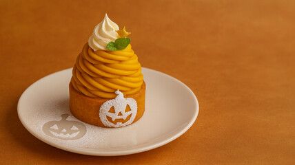 ハロウィンかぼちゃモンブランタルト｜ジャックオランタンデコレーション/Halloween Pumpkin Mont Blanc Tart｜Jack-o'-Lantern Decoration Generative AI