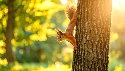 Fototapeta premium Red squirrel climbing tree, golden light