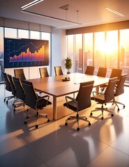 A modern conference room featuring sleek wooden tables, ergonomic chairs, and large windows allowing natural light to illuminate the space.