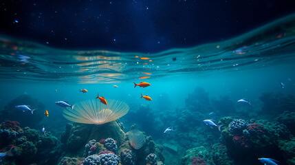 Fototapeta premium Mystical Underwater World: Surreal, marine life, bioluminescent, ocean hues