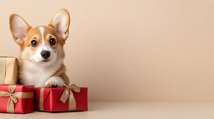 Adorable corgi puppy poses behind colorful gifts. Expressive eyes and perky ears add to the festive charm on a neutral background.