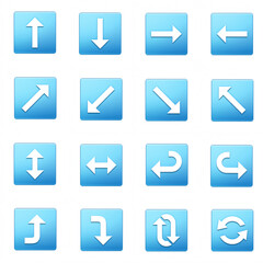 A collection of blue directional icons with arrows pointing up, down, left, right, diagonally, and a repeat sign. A simple design for navigation buttons, or directional symbols in graphic design.