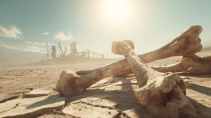 Large animal bones on cracked earth in a post-apocalyptic desert. Abandoned industrial ruins in a desolate wasteland under a hot sun. Concept of drought and extinction