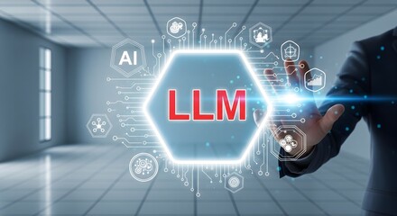 LLM in the digital age A businessman interacting with AI technology.