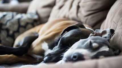 Dogs Sleeping Images, Showing scenes of dogs sleeping curled up on sofas, lying on carpets, nesting in dog beds, and snuggling with owners. Suitable for pet daily record matching images, pet product 