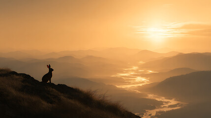 Fototapeta premium A rabbit overlooking a sunrise from a hilltop (1)
