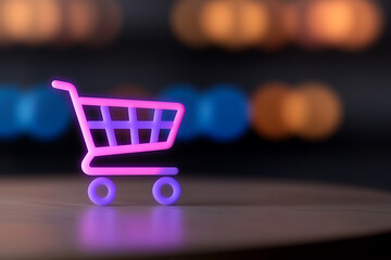 Neon shopping cart icon on a wooden surface with blurred colorful lights in the background, representing modern retail and purchase concepts.