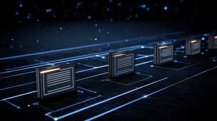 Advanced network grid showcasing interconnected files and folders in a futuristic digital landscape with glowing elements