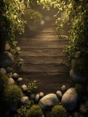A serene, woodland scene with mossy rocks and foliage framing a weathered wooden plank floor.