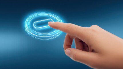 Engaging with futuristic technology through a glowing interactive button interface in a digital space