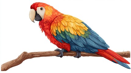 Fototapeta premium Vibrant, digitally-rendered macaw perched on a brown branch, showcasing detailed plumage, colors, and beak