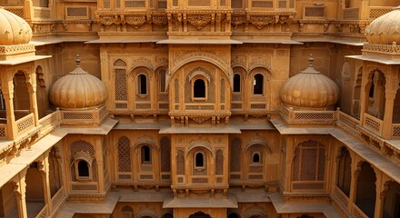 Detailed view of a historic building with arches and intricate carvings
