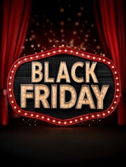 Black Friday Sign: A close-up shot of a classic illuminated sign reading Black Friday, set against a backdrop of elegant red curtains and twinkling lights, inviting shoppers to the big event.