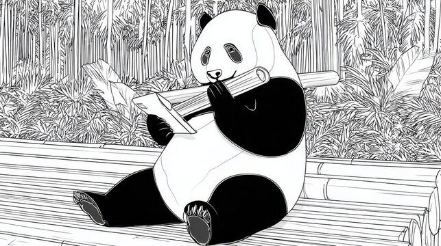 Panda delights in a bamboo feast surrounded by a vibrant forest, creating a joyful scene in a coloring page that invites creativity, coloring page, coloring book