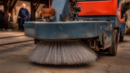 Nylon brush of a road sweeper actively cleaning streets in a busy urban setting during daylight hours