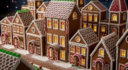 Decorative Gingerbread Houses Displayed in Festive Christmas Scene with Illuminated Windows and Candy Cane Details