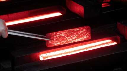 Clamping a fiery red hot steel billet with sturdy tongs in a detailed coloring scene showcasing industrial craftsmanship