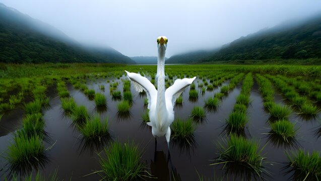 Majestic egret in a serene wetland landscape with distant mountains and fog cover - Powered by Adobe