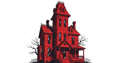 Haunted Red Victorian House Large Gothic Mansion Dark Creepy Halloween