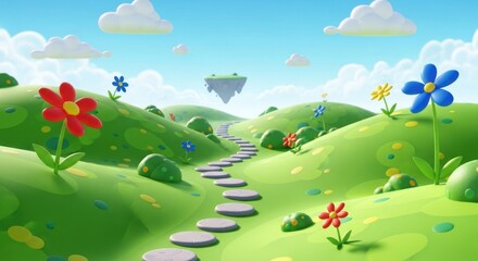 Colorful Cartoon Fantasy Landscape with Green Hills Bright Flowers and Floating Island