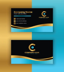 Elegant Luxury Business Card Template in Black, Gold, and Blue with Modern Wavy Accents.