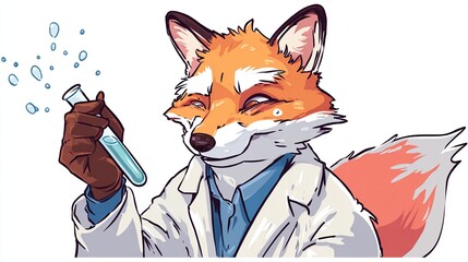 A smiling, anthropomorphic fox scientist in a lab coat holds a test tube with bubbling light blue liquid, a pleased expression on its face