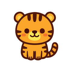 A cute cartoon of Tiger icon with a funny smile is a sweet illustration of a brown baby animal toy. perfect for children book design.