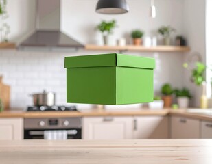 A vibrant green box rests atop a rustic wooden table, showcasing its smooth surface and rich grain, creating a striking contrast in textures.
