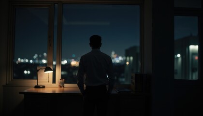 Fototapeta premium Businessman Contemplating Cityscape at Night from Office Window