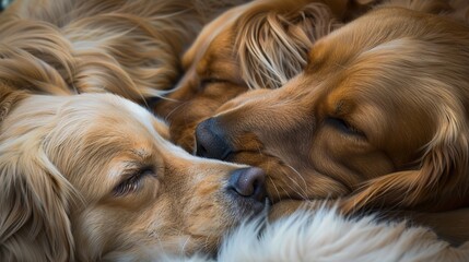 Dogs Sleeping Images, Showing scenes of dogs sleeping curled up on sofas, lying on carpets, nesting in dog beds, and snuggling with owners. Suitable for pet daily record matching images, pet product 