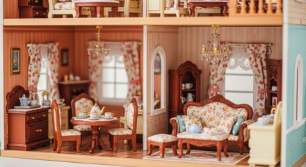Detailed Dollhouse Interior with Vintage Furniture and Floral Curtains in Cozy Living Space