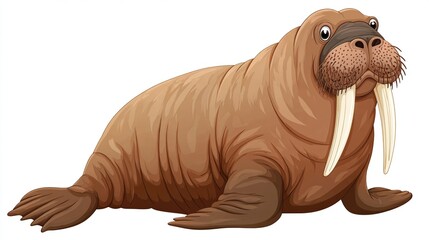 A brown cartoon walrus with large tusks, whiskers, and flippers is shown lying down
