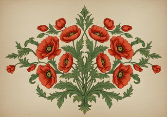 Traditional Hand-Painted Botanical Design with Red Poppies and Green Leaves

