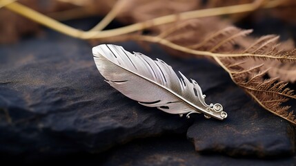 A photo of a silver feather brooch.