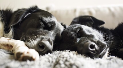 Dogs Sleeping Images, Showing scenes of dogs sleeping curled up on sofas, lying on carpets, nesting in dog beds, and snuggling with owners. Suitable for pet daily record matching images, pet product 
