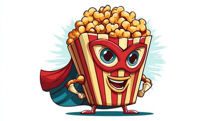 A cartoon popcorn container, dressed as a superhero, with a bright, cheerful expression