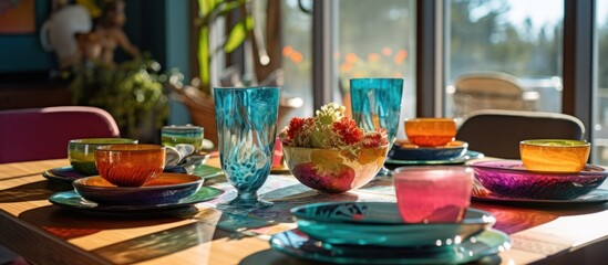colorful_dishware,vibrant_table_setting,summer_outdoor_dining,rustic_wooden_table,glass_pitchers,clay_bowls,ceramic_plates,fresh_fruit,floral_accents
