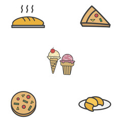 Colorful line art icon set of fast food, bakery items, and dessert treat illustrations