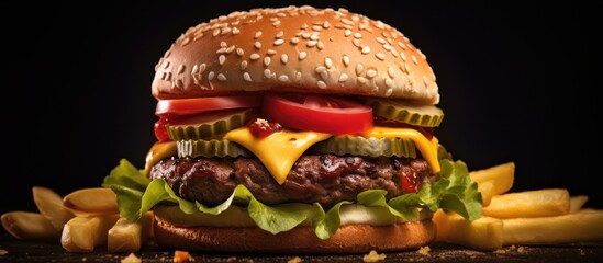 cheeseburger, juicy meat patty, sesame seed bun, lettuce, tomato, onion, pickles, french fries, food photography, dramatic lighting, close-up shot, appetizing, mouth-watering, detailed, high resolutio