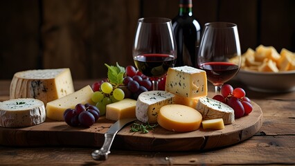 Red wine glasses with cheese and grapes