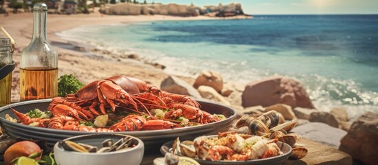 coastal town, seaside, fishing village, seafood market, fresh seafood display, crabs, lobsters, shrimp, fish, boat, dock, ocean, cliff, rocks, warm lighting, rustic, atmospheric, vibrant colors, detai