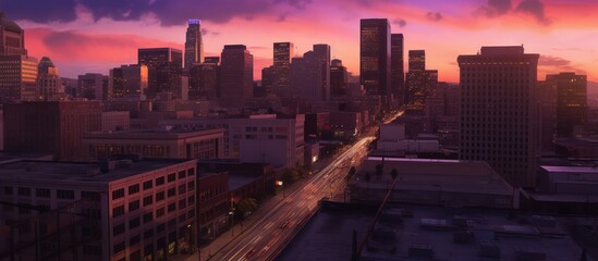 a breathtaking cityscape at twilight, towering skyscrapers silhouetted against a vibrant pink and orange sky, with a bustling highway running through the foreground, city lights twinkling in the dista