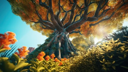 fantasy, magical realism, surreal landscape, autumn foliage, large tree, vibrant colors, fantastical mushrooms, glowing foliage, dreamlike atmosphere, ethereal lighting, nature, detailed, digital art
