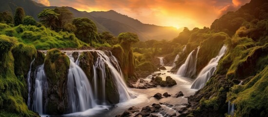 stunning cascading waterfalls in a lush, verdant landscape, sun setting over rugged mountains in the background, long exposure effect creating a serene, misty atmosphere, warm golden tones illuminatin