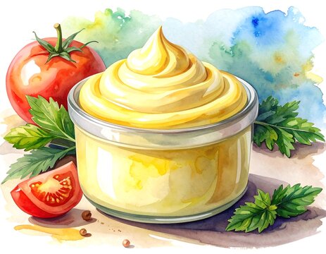 Watercolor illustration of a jar of mayonnaise with tomatoes and herbs