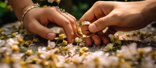 2k high resolution, macro photography, closeup of human hands gently picking up and holding small flowers, delicate petals, fallen autumn leaves, natural lighting, outdoors, forest, earth-toned colors