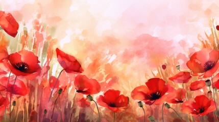 beautiful watercolor field of red poppies, vibrant colors, impressionistic style, soft focus, natural lighting, lush flowers, painterly, dreamy, ethereal, romantic, serene landscape
